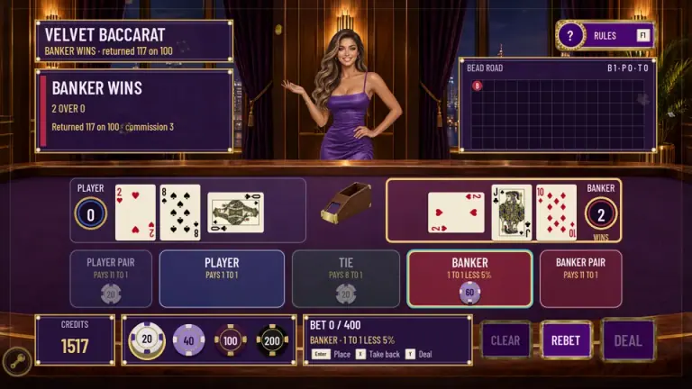 Velvet Baccarat gameplay result screen