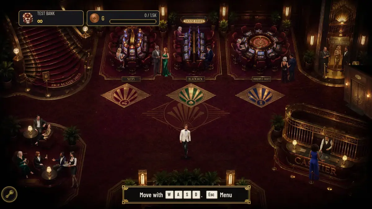 The walkable House Rules casino floor with three game cabinets and the shared chip balance