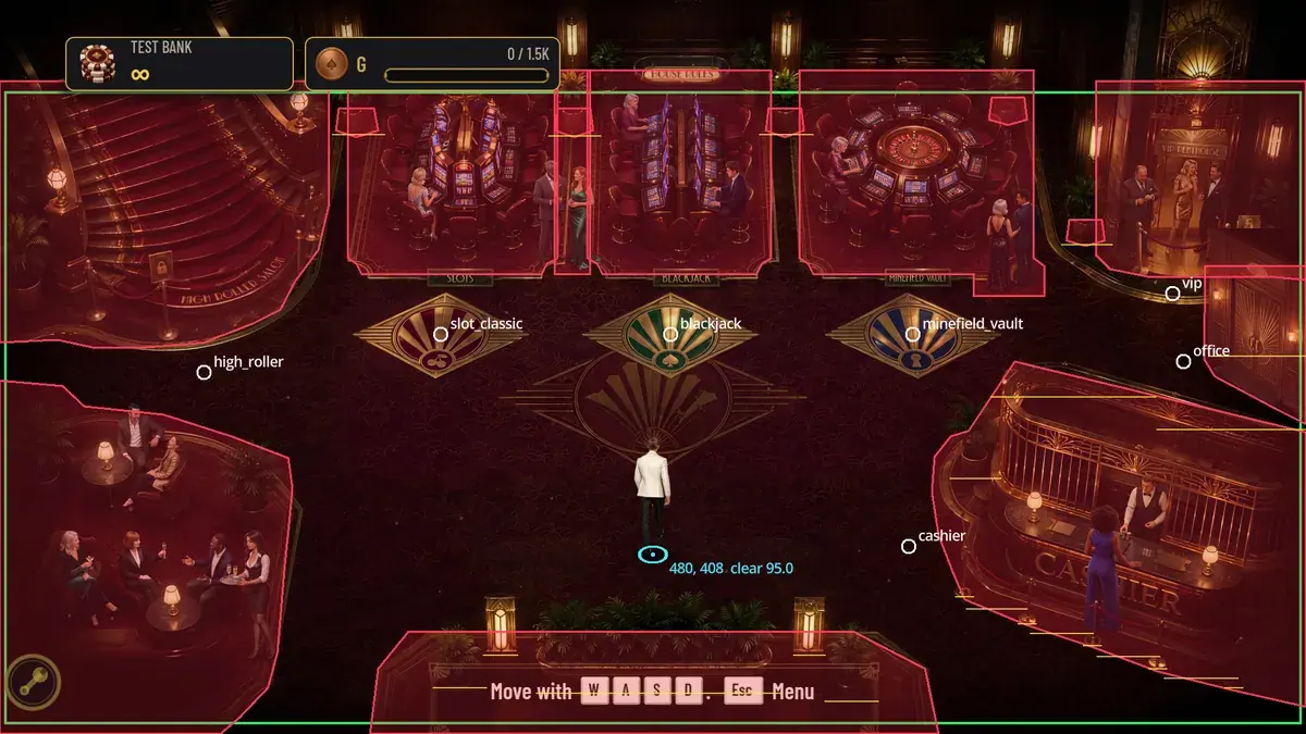 Casino floor screenshot with navigation collision geometry visualized