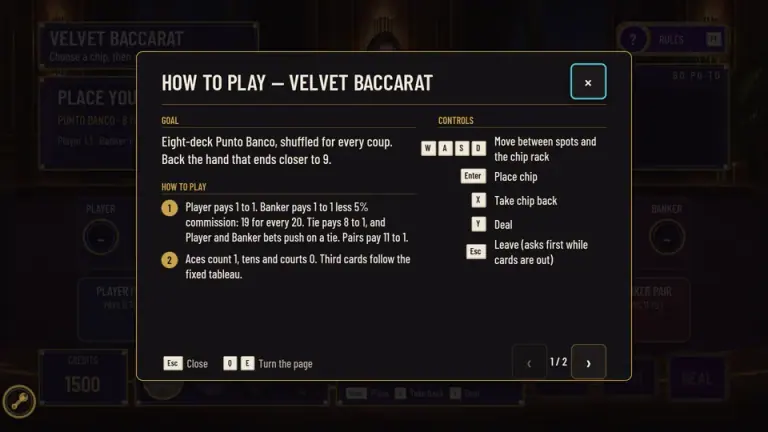 Velvet Baccarat help panel with readable rules and keyboard controls