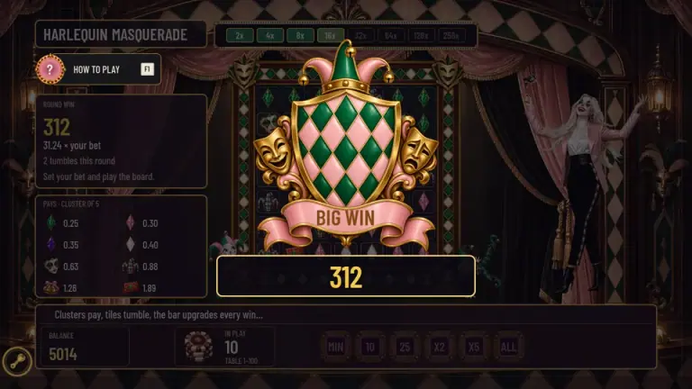Harlequin Masquerade gameplay result screen