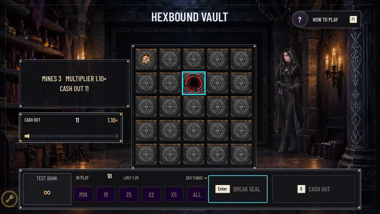 Hexbound Vault cabinet with the sorceress integrated beside the playable mine grid