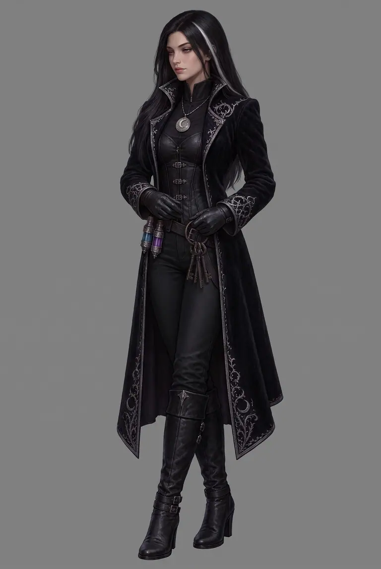 Original generated portrait of the Hexbound Vault sorceress on a gray background